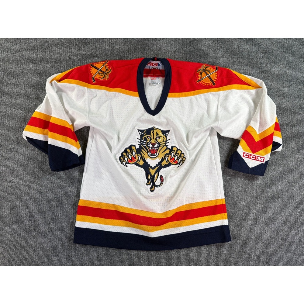 CCM Florida Panthers NHL Jersey Boys L/XL White Red Vintage 90s Made in Canada